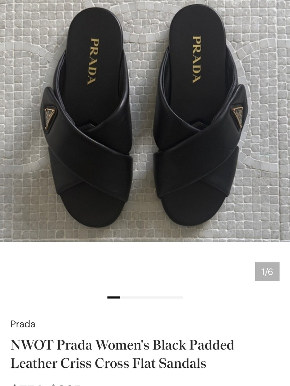 Prada Black Padded Leather Crisscross Slide Sandals with Gold Logo 38/8